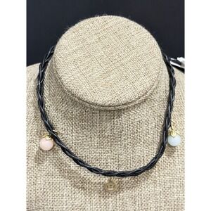 Sence Copenhagen Twisted Leather and Pink Green Stone Charm Necklace Toggle 14"